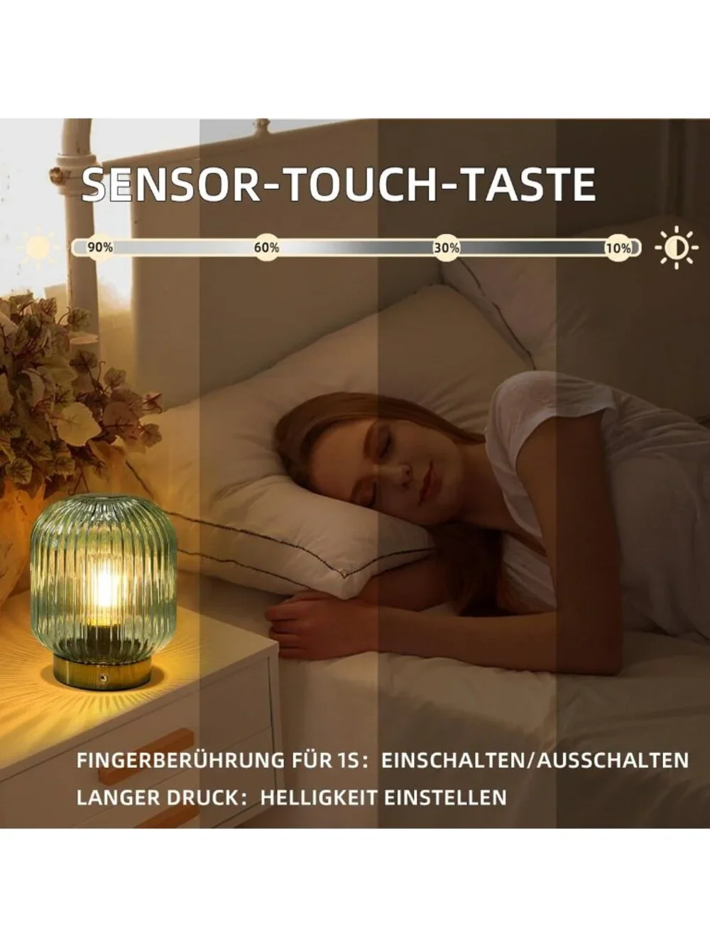 Rechargeable Green Glass Table Lamp with Dimmable Brightness & Memory Function